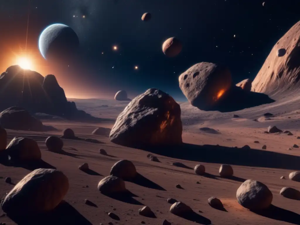 Exploración asteroide binario: imagen 8k detallada con fascinantes formaciones rocosas y metálicas en el espacio