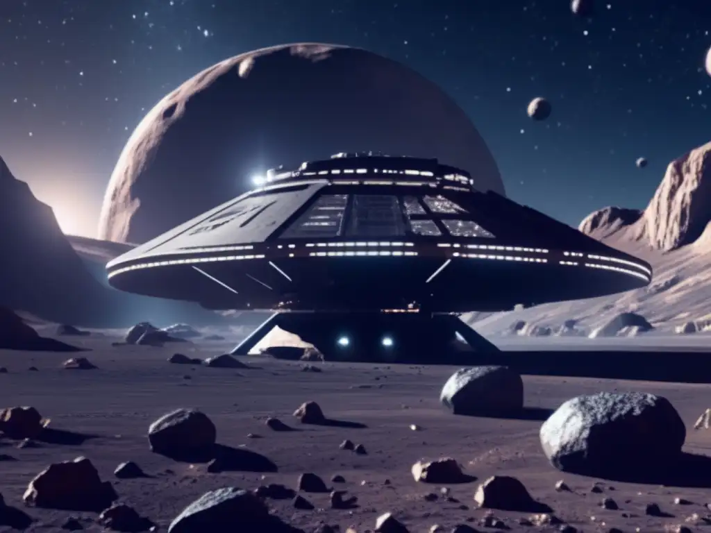 Exploración asteroide C: Futuro minero espacial, maquinaria avanzada y diseño moderno extraen recursos valiosos
