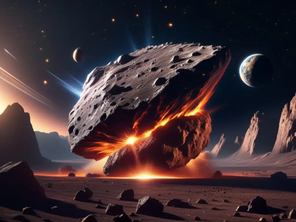 Asteroide masivo en el espacio Asteroide en la ciencia ficción: Impresionante imagen 8k de un asteroide colosal, con texturas rocosas y entorno estrellado