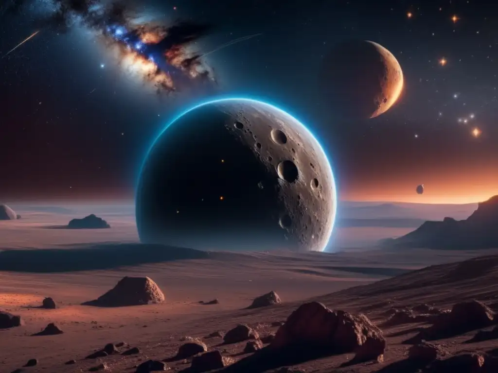 Impresionante imagen del espacio con asteroide cercano Asteroide en curso de colisión en el vasto y ominoso espacio