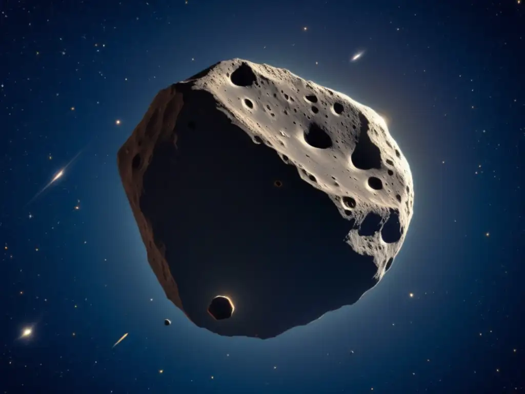 Asteroide Damocloides: Explorando el misterio Asteroide Damocloides en el universo: detalle impactante de su superficie rocosa y cráteres, junto a un impresionante paisaje cósmico