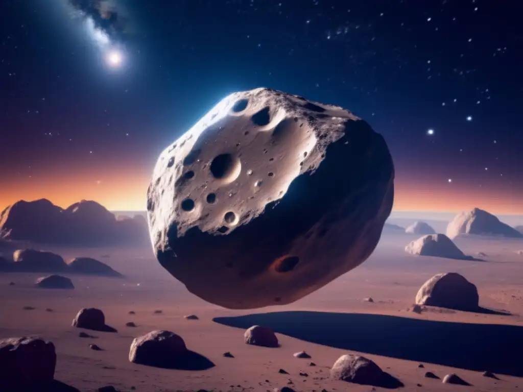 Impresionante imagen en 8k del asteroide 511 Davida en el espacio Exploración asteroide 511 Davida: imagen 8k detallada, con roca gigante en el espacio, iluminada por sol y estrellas