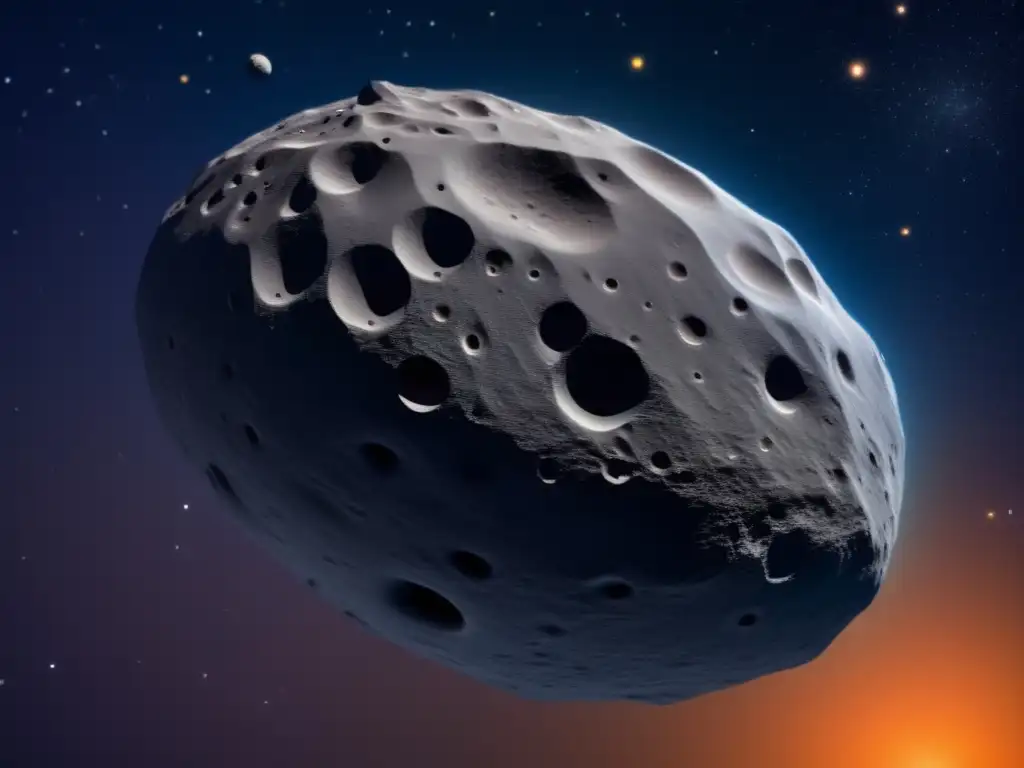 Asteroide 511 Davida en el espacio Exploración asteroide 511 Davida: imagen ultradetallada de alta resolución en el espacio, con cráteres, texturas y nave futurista