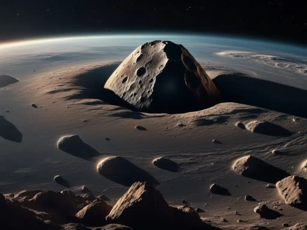 Un asteroide enorme se acerca a la Tierra, mostrando su superficie rugosa y detalles impresionantes