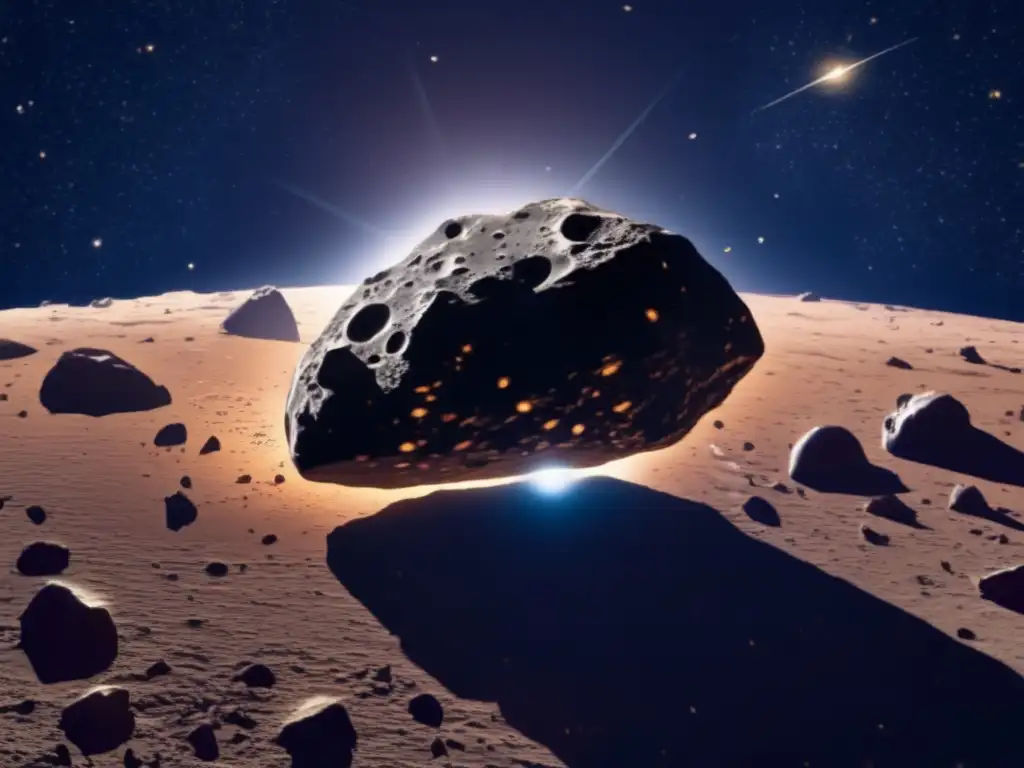 Asteroida irregular flotando en el espacio Asteroide flotando en espacio, con desviación por gravedad y radiación solar