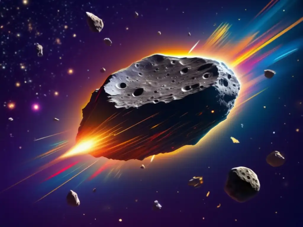 Asteroide majestuoso rodeado de escombros coloridos Asteroide flotando en el espacio rodeado de coloridos escombros