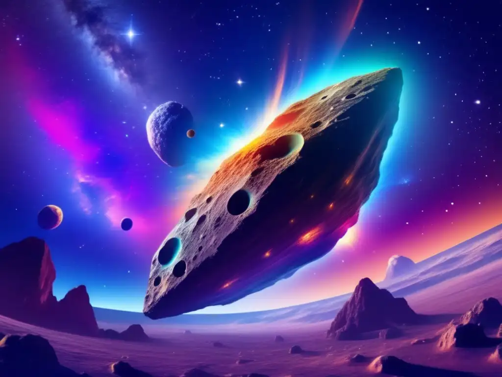 Asteroide majestuoso en el espacio Asteroide en el espacio rodeado de nebulosa de colores, reflejando la belleza y misterio de la cadena de valor de asteroides