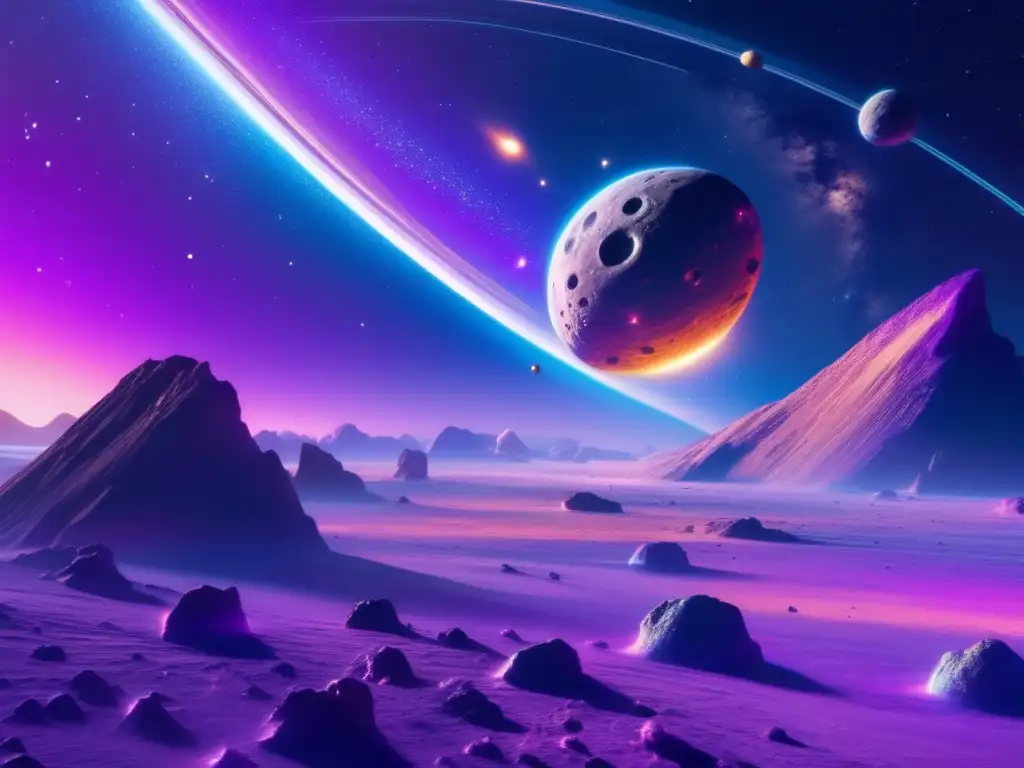 Asteroid belt: mina futurista y vasto espacio Asteroide belt 8K: mina futurista en espacio infinito; piedras metálicas, marrones doradas y azules