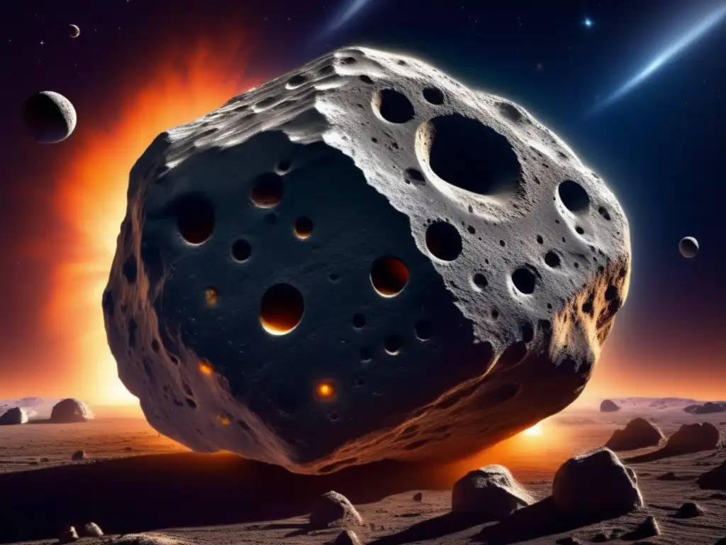 Asteroide con grietas y actividad Un asteroide gigante con grietas y fracturas, rodeado de polvo y escombros
