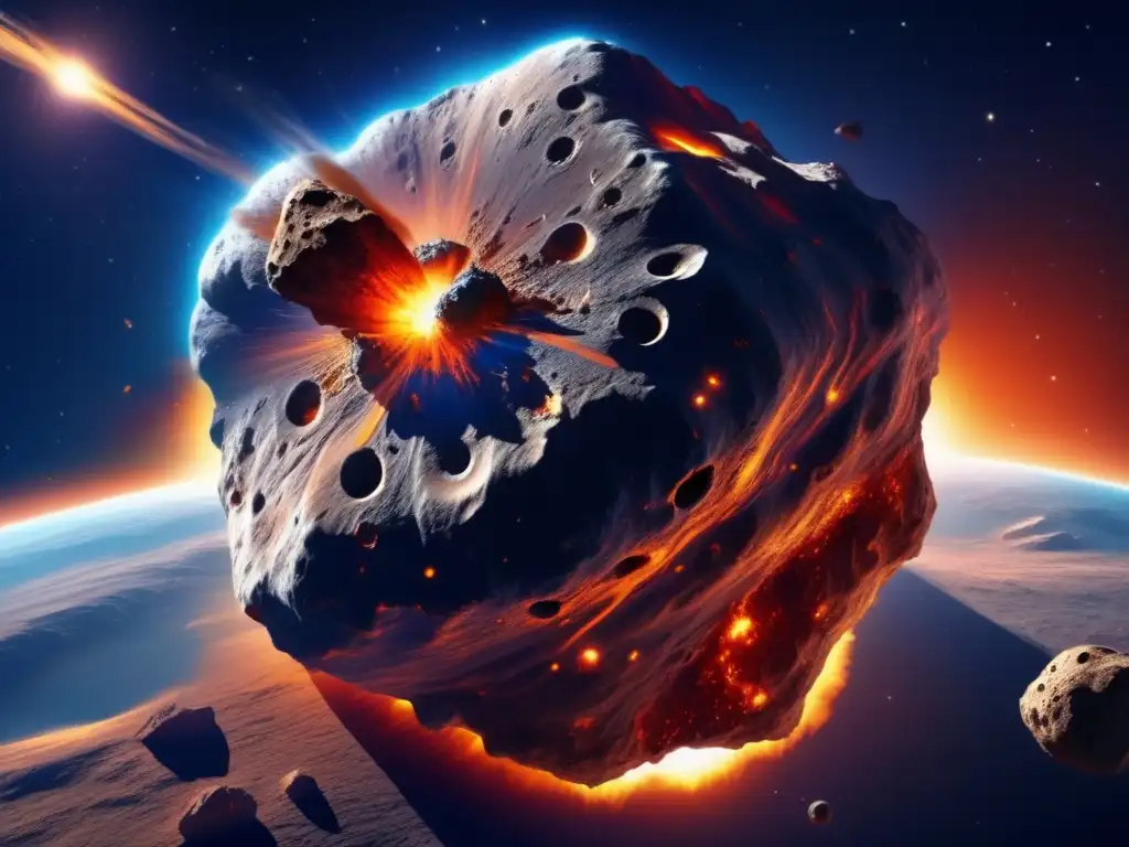 Amenaza espacial: asteroide masivo hacia la Tierra Amenaza: Asteroide gigante rumbo a la Tierra, con superficie llena de cráteres y bordes irregulares, rodeado de un resplandor ardiente