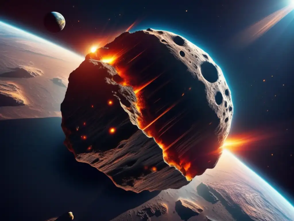 Asteroide amenazante hacia la Tierra Asteroide gigante hacia la Tierra, detalle de su superficie rugosa y cráteres