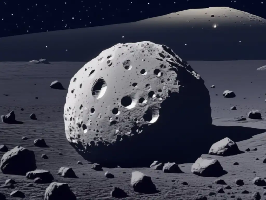 Asteroide Ryugu: Cuerpo rocoso con cráteres y nave minera Asteroide Ryugu: Imagen de alta resolución que muestra su superficie rocosa y cráteres, destacando la minería espacial