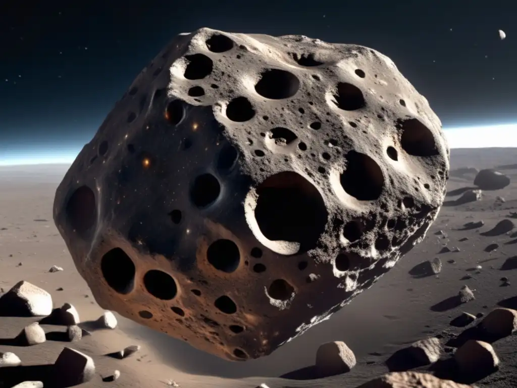 Asteroide flotando en el espacio con estación de investigación Asteroide irregular con cráteres rocosos, estación de investigación transparente, científicos estudian vida microbiana