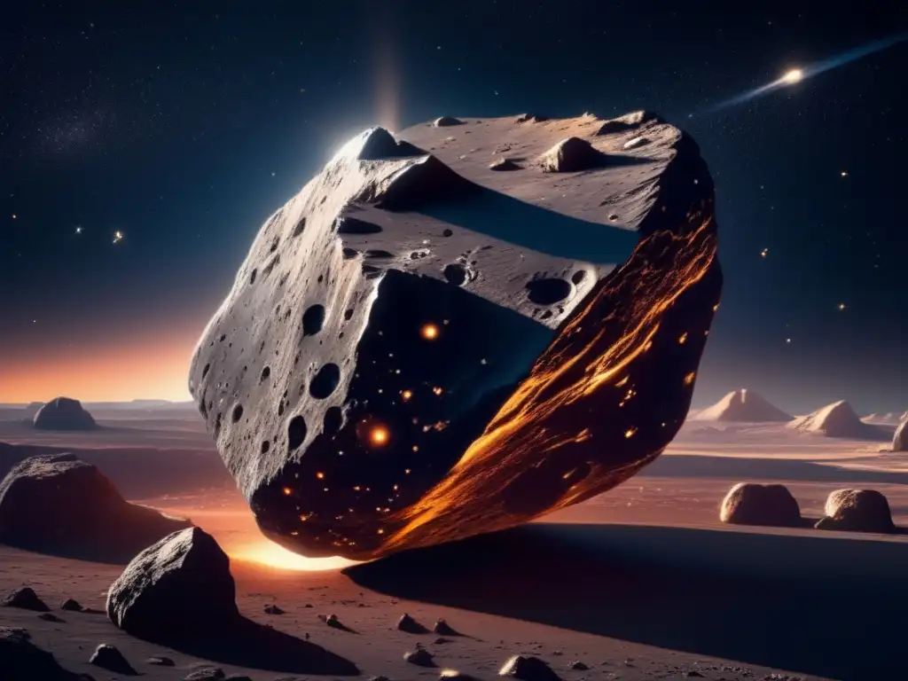 Asteroide irregular en el espacio Asteroide irregular cerca de la Tierra, imagen detallada en 8K, con superficie rugosa, cráteres profundos y rocas dispersas en terreno irregular