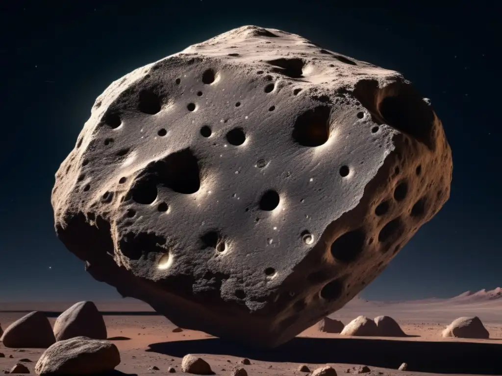 Asteroide irregular flotando en el espacio Asteroide irregular cerca de la Tierra: Imagen 8k detallada de un asteroide con superficie rugosa y formaciones rocosas únicas en el espacio