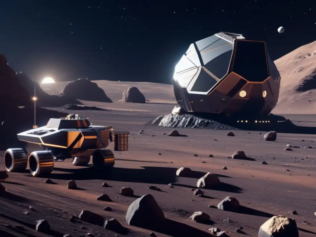 Minería espacial futurista en asteroide Asteroide irregular cerca de la Tierra, operación minera futurista en el espacio