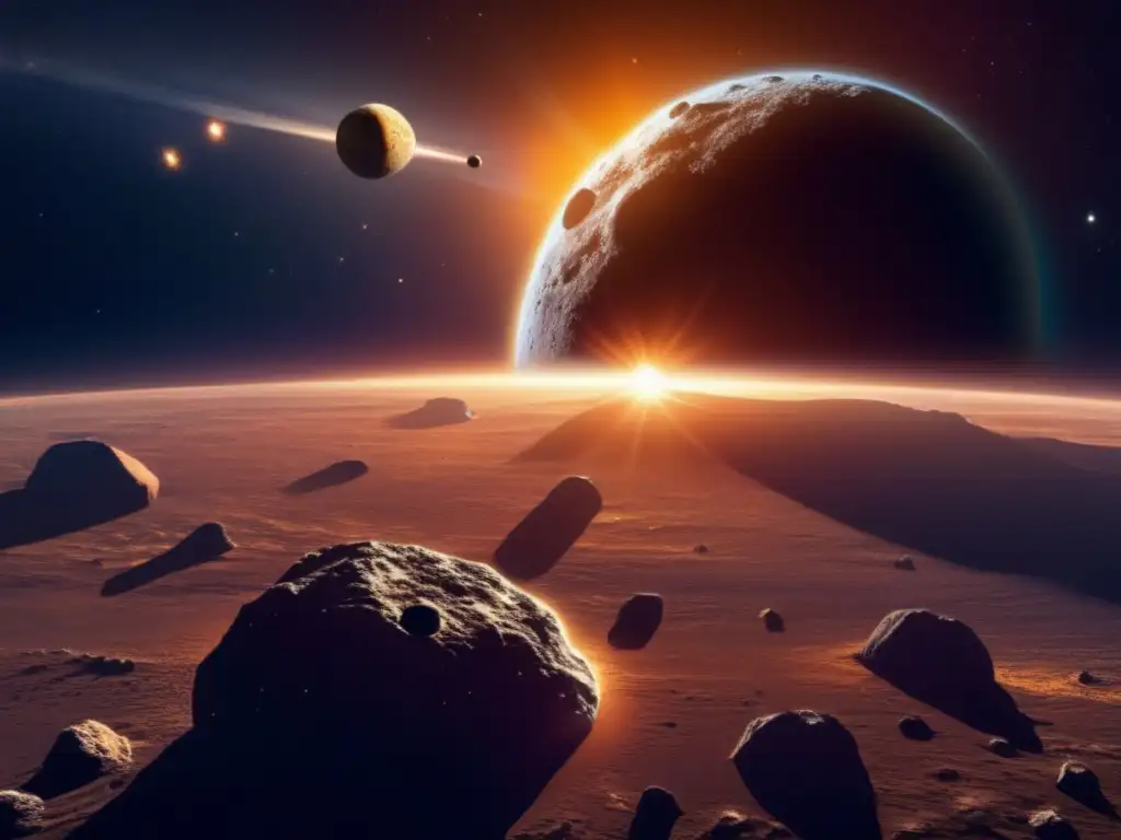 Asteroide dorado en el espacio Asteroide masivo en el espacio, formación y evolución, radiación solar y fuerzas gravitacionales, ambiente cósmico