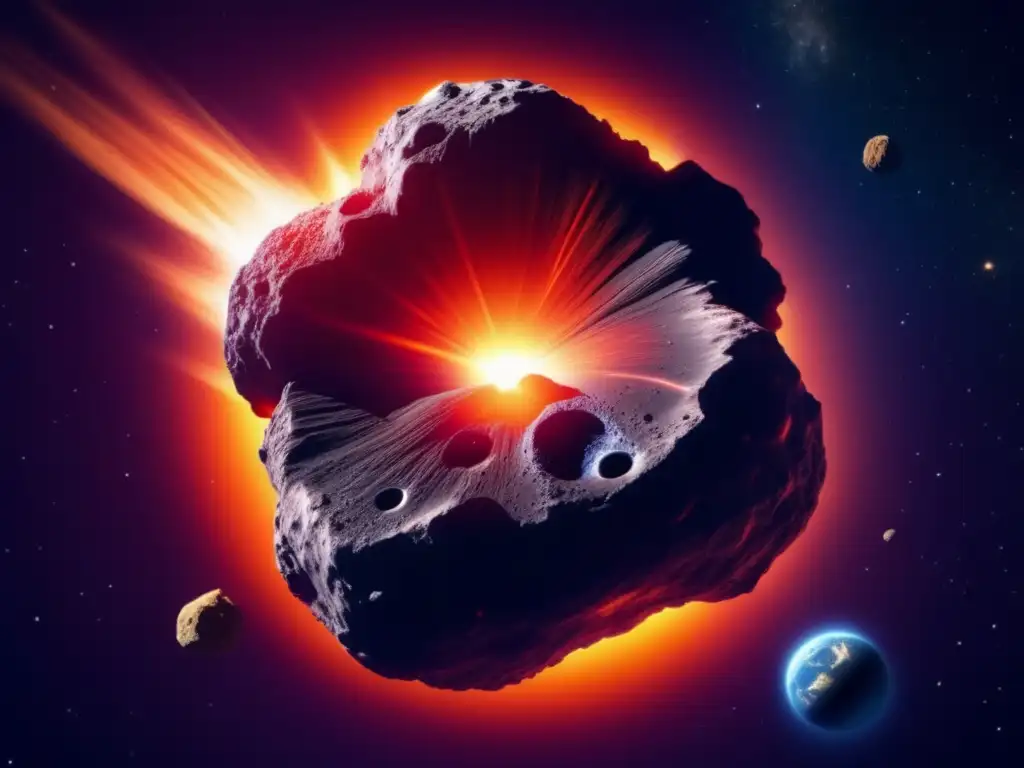 Asteroide masivo en camino a la Tierra Un asteroide masivo se dirige hacia la Tierra, con detalles de su superficie rugosa, bordes irregulares y cráteres de impacto prominentes
