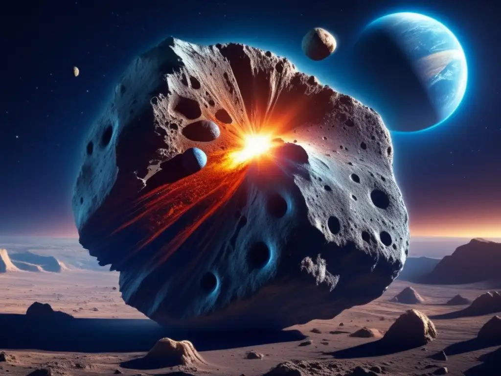 Asteroida masiva acercándose a la Tierra Asteroide masivo se acerca a la Tierra, con detalles de su superficie rugosa, cráteres profundos y bordes irregulares