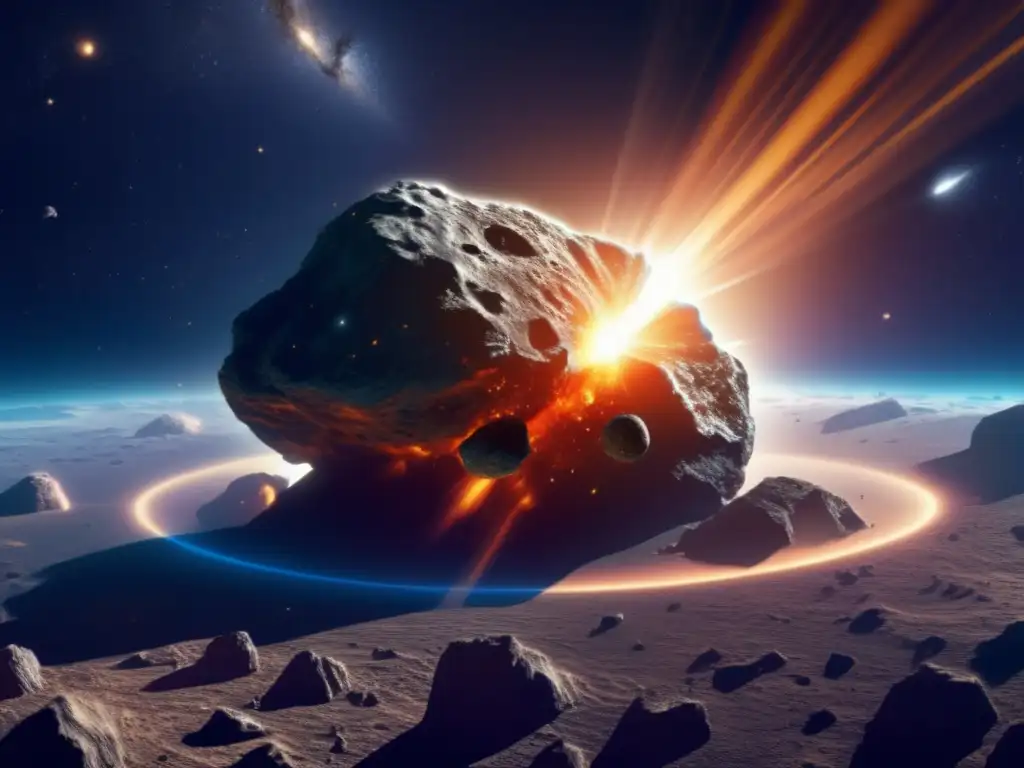 Asteroide masivo en el espacio Un asteroide masivo en trayectoria cambiante, revela detalles de su composición en un paisaje espacial lleno de estrellas