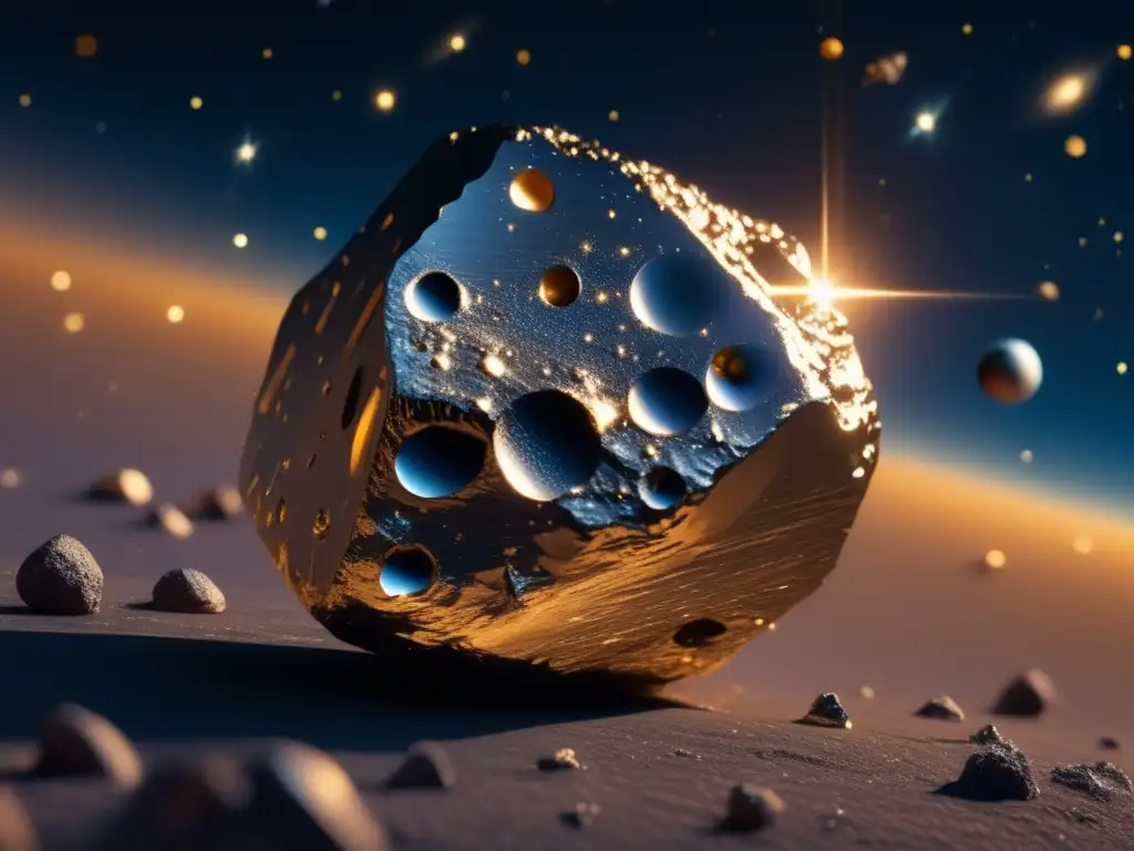 Asteroida metálica flotando en el espacio Un asteroide metálico flotando en el espacio, con metales preciosos en su superficie