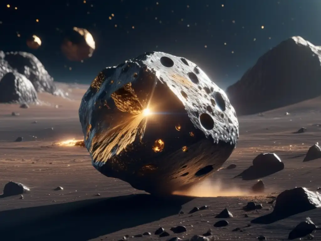 Asteroide metálico flotando en el espacio Asteroide metálico S: Composición y origen en imagen 8k de detalle ultrapreciso con vehículo minero avanzado y estrellas distantes