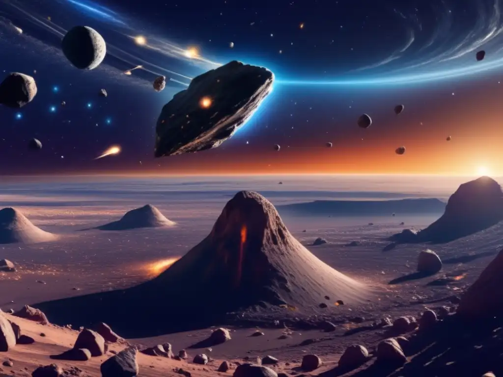 Un impresionante paisaje espacial con asteroides y un meteoro Diferencia asteroide meteorito: imagen 8k de espacio con cinturón de asteroides, diversidad de formas y tamaños