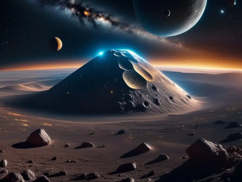 Asteroide y meteorito: fascinante imagen cósmica de 8k con detalles ultradetallados, mostrando un asteroide imponente y una lluvia de meteoritos