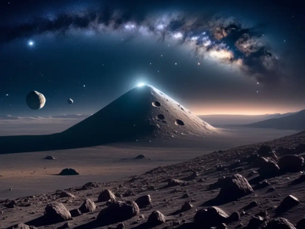 Diferencia asteroide y meteorito: vasto espacio oscuro con estrellas brillantes y un asteroide rocoso contrastando con un meteorito en llamas