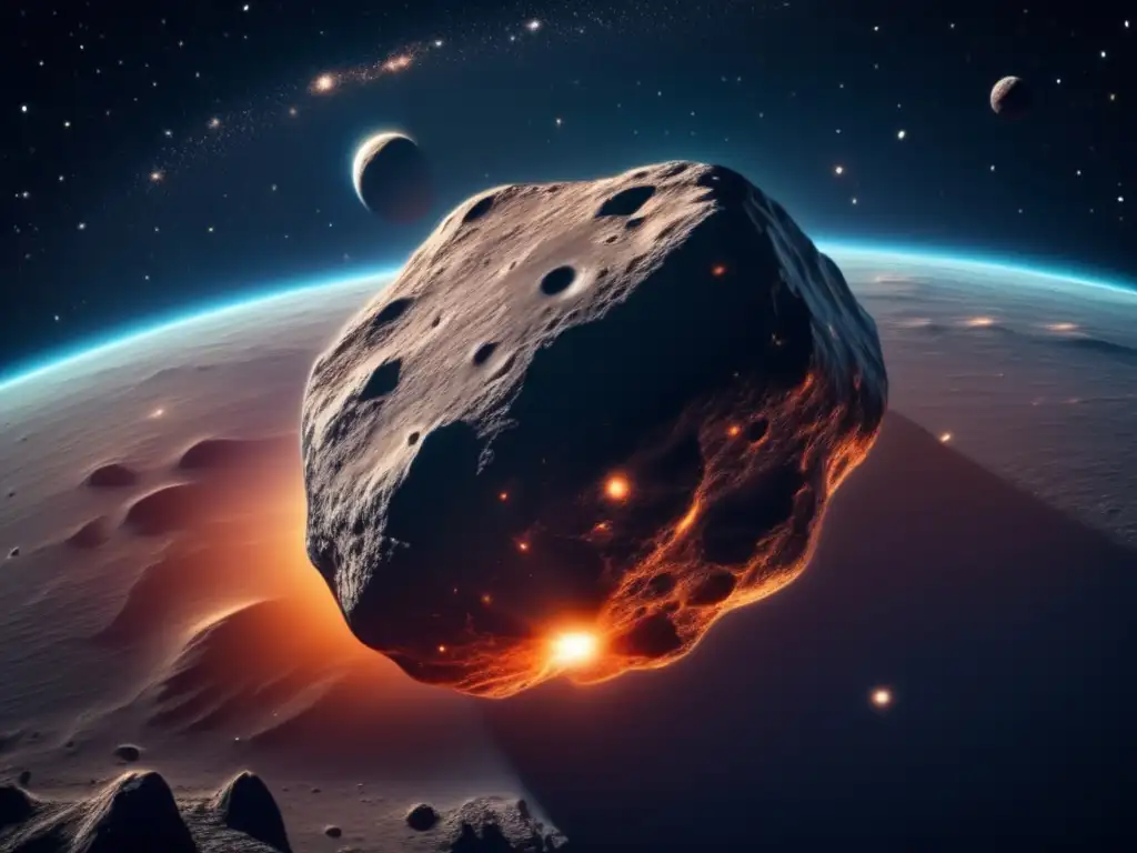 Asteroide misterioso en el espacio Un asteroide misterioso en el espacio con movimientos orbitales, textura metálica y detalles en su superficie
