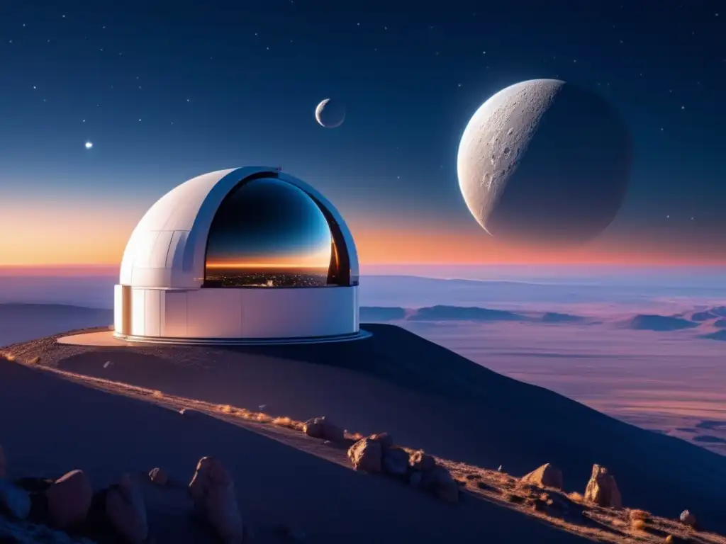 Preparación tránsito asteroide: moderno observatorio espacial, científicos finetunean instrumentos, cielo estrellado