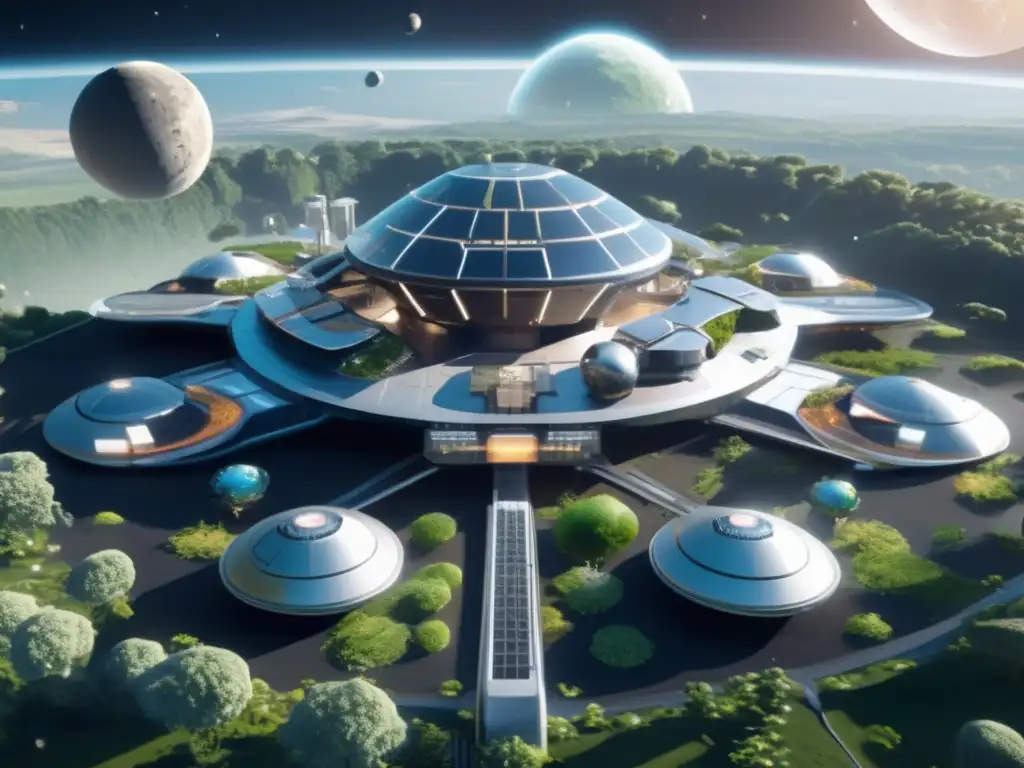 Estación espacial futurista en asteroide Terraformación asteroide: nuevas industrias, estación espacial futurista en asteroide con campos verdes y maquinaria avanzada