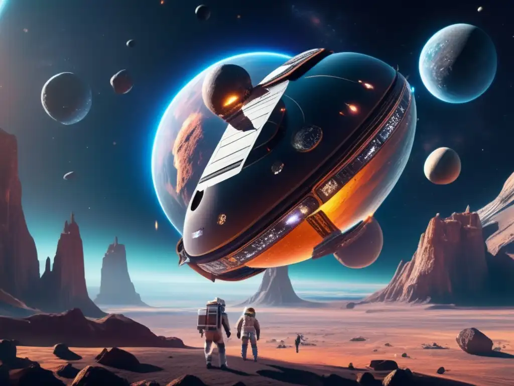 Estación espacial futurista en asteroide Terraformación asteroide: nuevas industrias en una estación espacial futurista rodeando un asteroide con formaciones geológicas y colores vibrantes