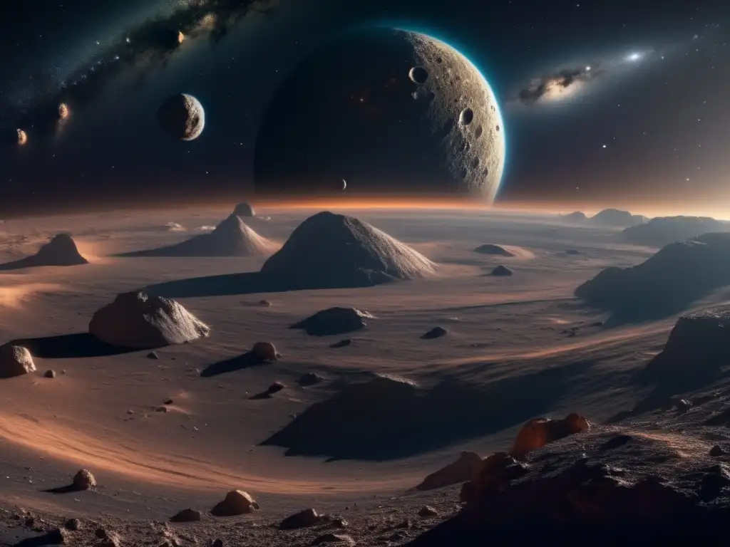 Asteroide cambiando órbita en impresionante imagen 8k de espacio estelar, con otros cuerpos celestes en danza