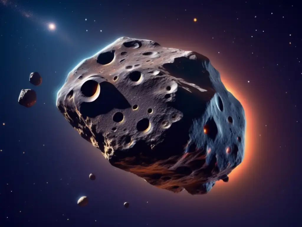 Un asteroide oscuro y rocoso flotando en el espacio, con textura detallada y rodeado de otros asteroides