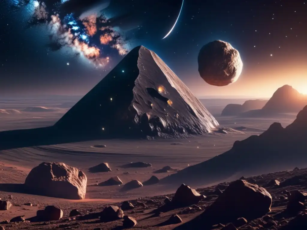 Asteroide peligroso identificar tierra: imponente imagen 8k de un asteroide gigante en el oscuro cielo estrellado