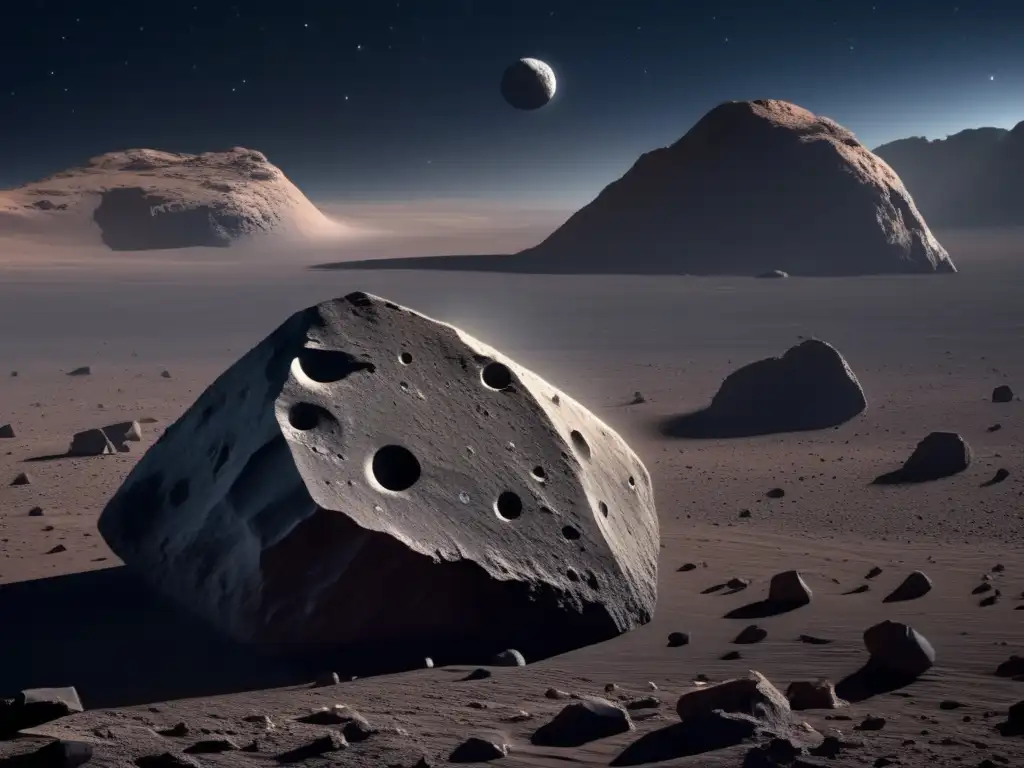 Asteroide rocoso en el espacio Asteroide rocoso flotando en el espacio, iluminado por luz etérea