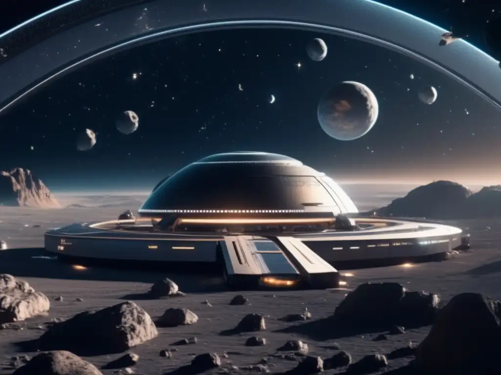 Futurista estación espacial y asteroides Cooperación internacional en minería de asteroides