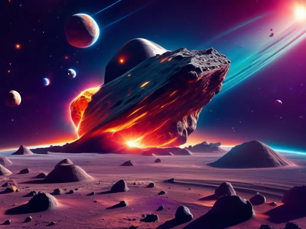 Exploración ética de un asteroide: maravilla, peligro y curiosidad Exploración ética de asteroides: un asteroide masivo en el espacio rodeado de una nebulosa colorida, con una sonda espacial futurista acercándose