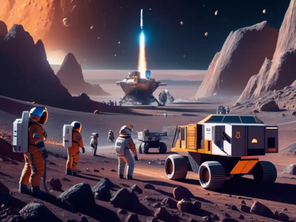Una épica escena de minería en un asteroide Explotación de asteroides: Astronautas minando minerales en un paisaje alienígena, mezclando tecnología y exploración espacial