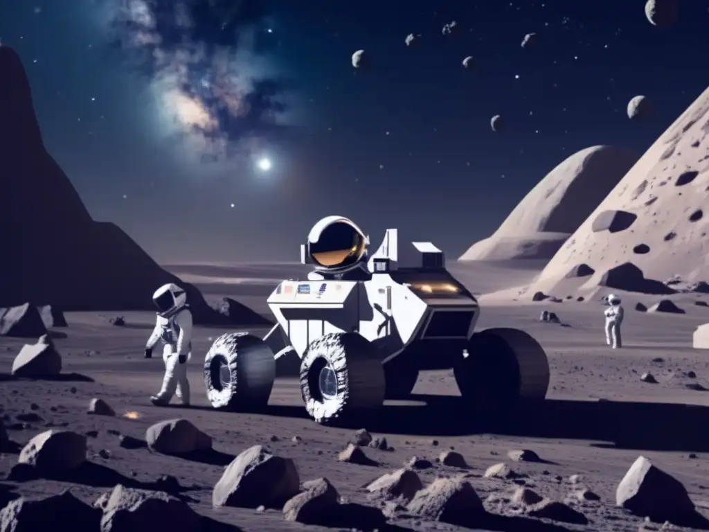 Operación de minería espacial en asteroide Preparación psicológica minería asteroides: Astronautas en una operación futurista de extracción de recursos en un asteroide