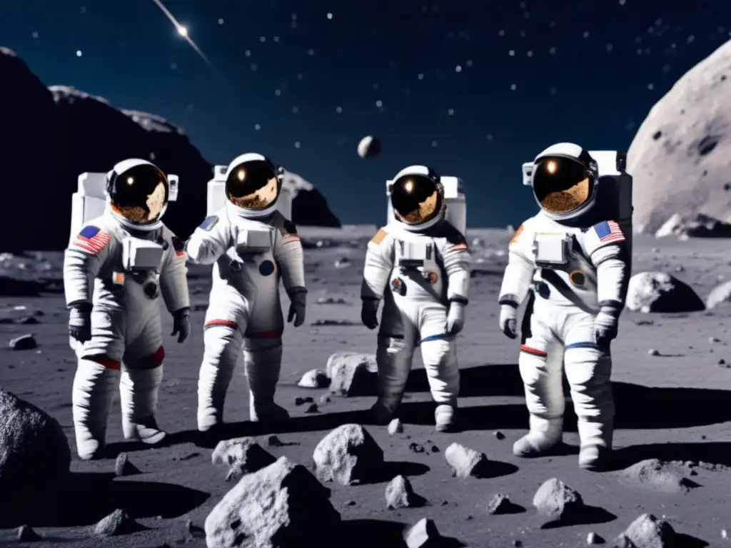 Astronautas explorando asteroide en el espacio Exploración ética de asteroides: Astronautas en trajes espaciales en la superficie rocosa de un asteroide, rodeados de estrellas