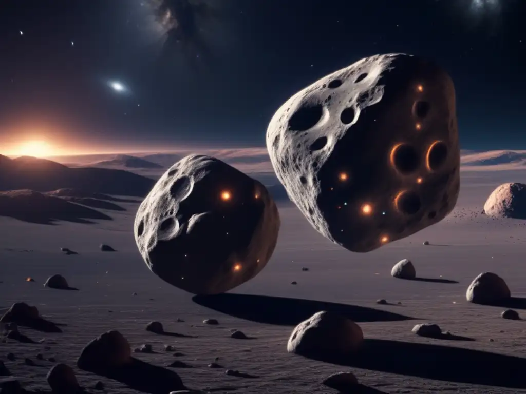 Sistema binario de asteroides en el espacio Asteroides binarios en dimensiones: dos asteroides orbitando en el espacio, uno rocoso y otro metálico, rodeados de galaxias y nebulosas