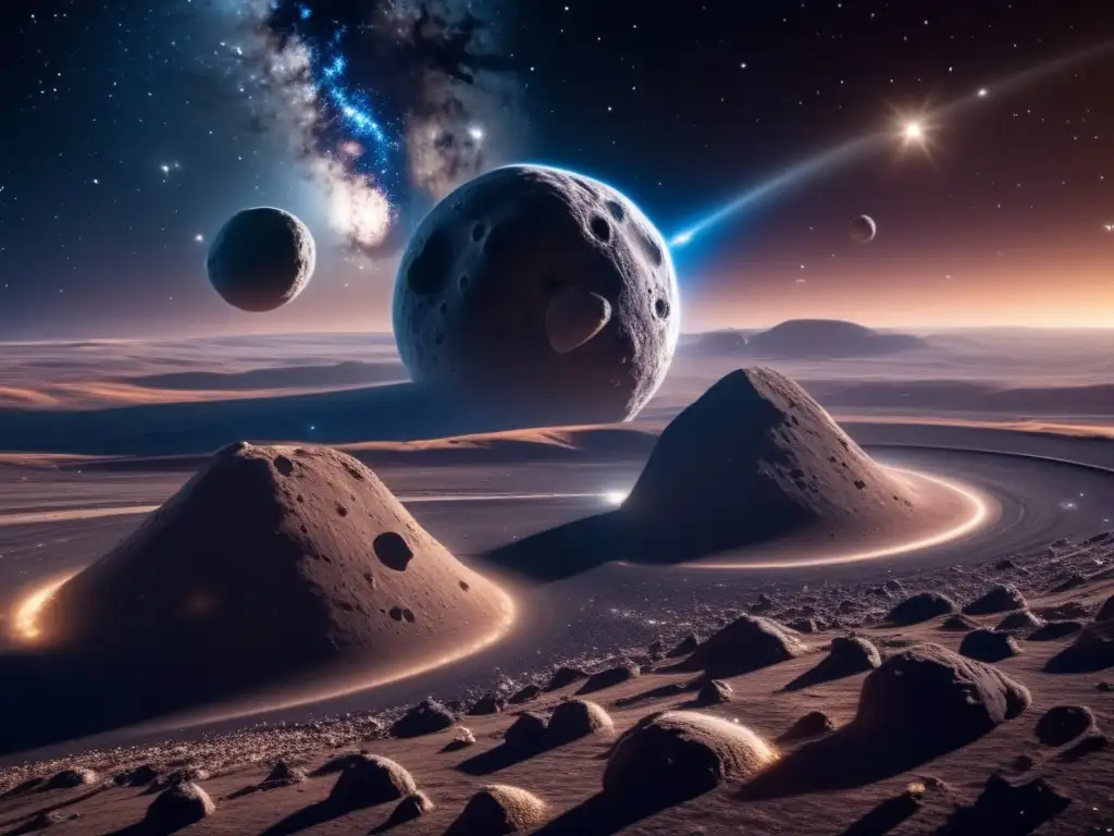 Espacio estelar con asteroides binarios Asteroides binarios en evolución espacial: belleza y complejidad en imagen 8k detallada