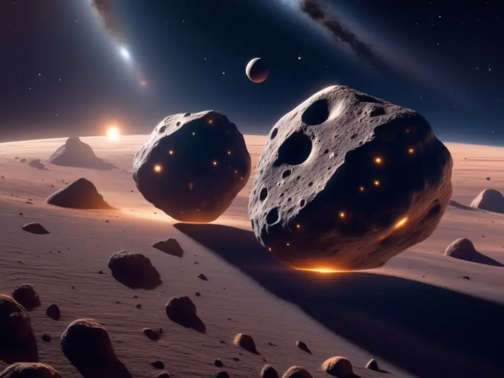 Dos asteroides binarios flotando en el espacio profundo Asteroides binarios en evolución espacial: imagen 8k detallada de dos asteroides conectados por un puente de polvo y escombros