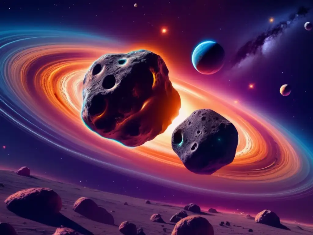 Asteroide binario en el espacio Asteroides binarios en evolución espacial rodeados de nebulosa
