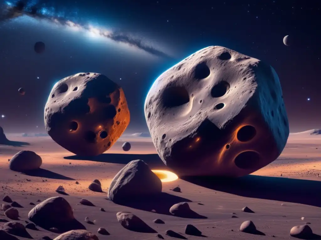 Asteroides binarios en escena cósmica Asteroides binarios: parejas cósmicas misteriosas con asteroides rocosos, cráteres profundos, danza gravitacional, polvo cósmico y cosmos cautivador
