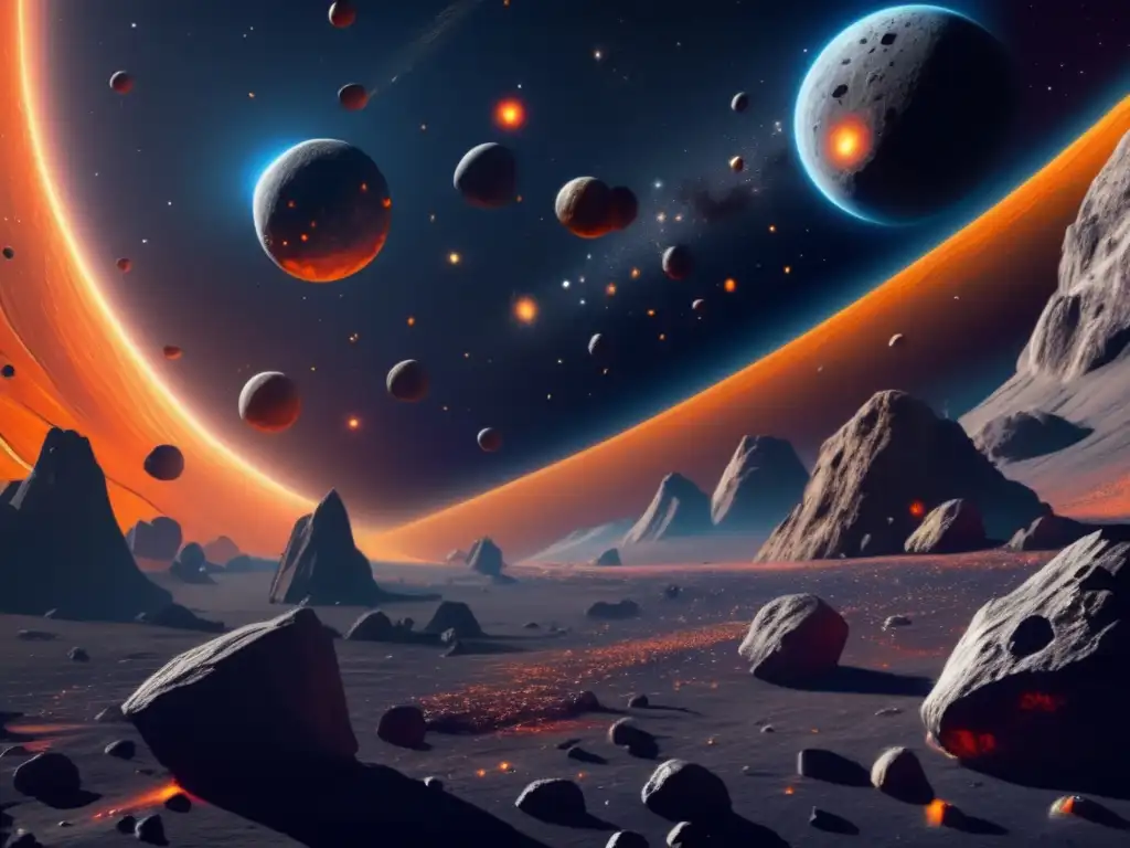 Impresionante campo de asteroides en 8k Asteroides en un campo vasto y cautivador, con colores contrastantes y detalles intrincados