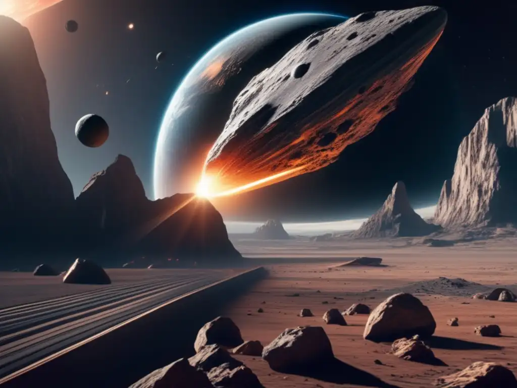 Asteriode gigante amenaza la Tierra Desviando asteroides para evitar catástrofes: Imagen 8K muestra una escena espacial futurista con un asteroide masivo acercándose a la Tierra