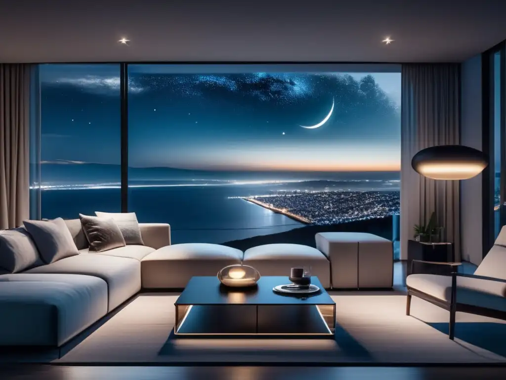 Moderno salón con vista nocturna Representación de asteroides en cerámica y vidrio en una moderna sala de estar